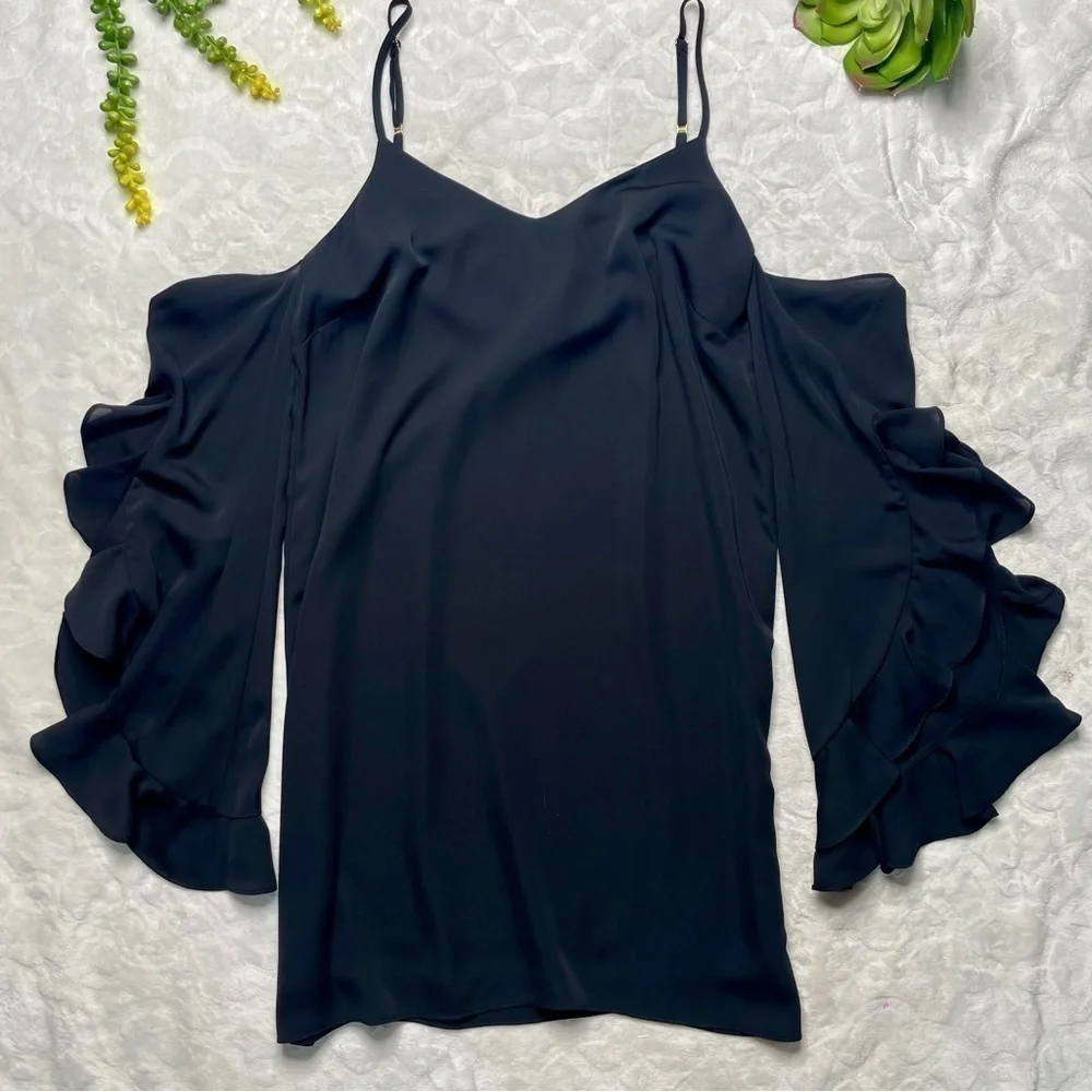 Amanda Uprichard Gianna Cold Shoulder Ruffle Sleeve Shift Dress in Black Size S